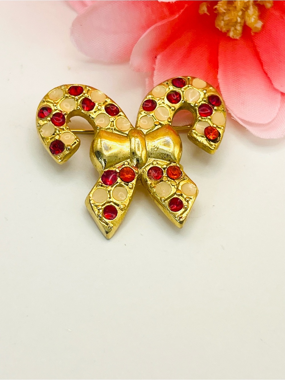 Gold Bow Brooch with Red Accent Stones - Christmas pin